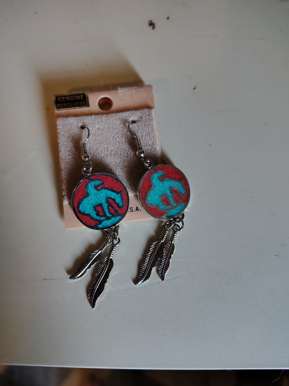 Turquoise and Red Southwestern Feather Drop Earrings